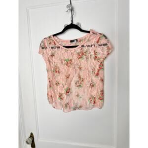 Vintage Y2K DEB Pink Floral Lace Sheer Short Sleeve Romantic Baby Top Small